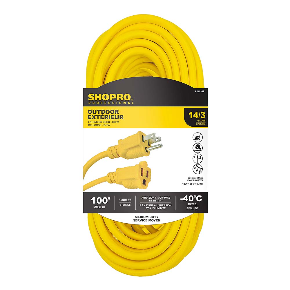 SHOPRO 100' 14/3 SJTW Outdoor Extension Cord with Indicator Light - Yellow