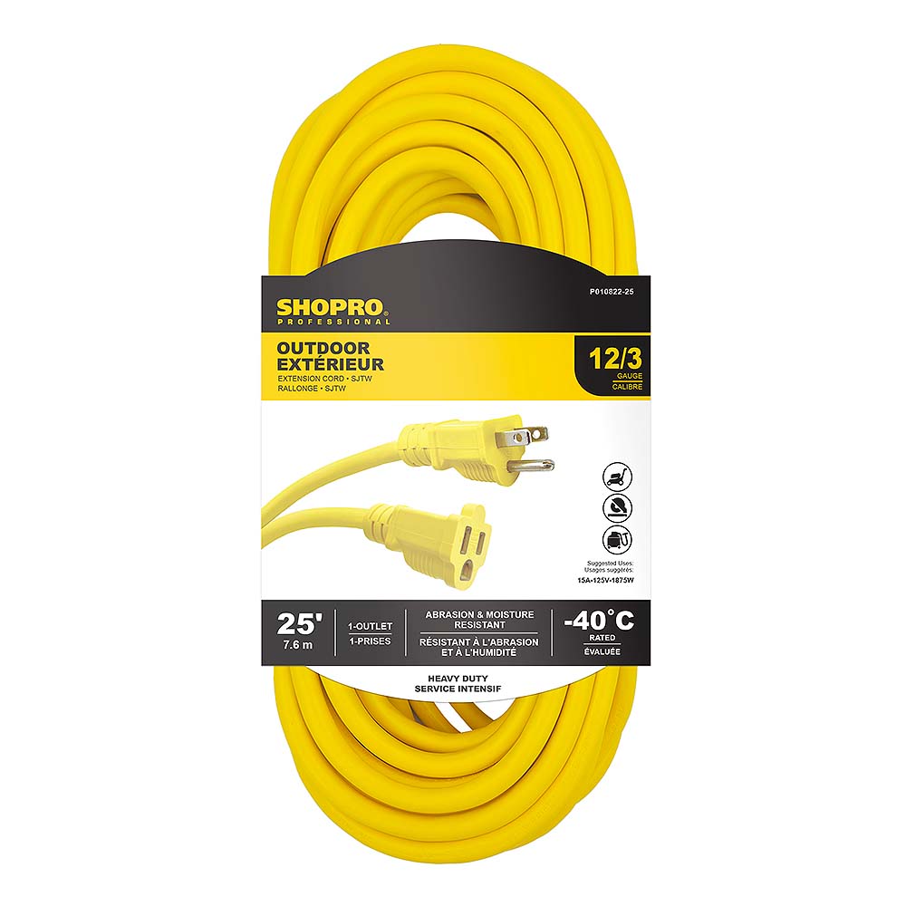 SHOPRO 25' 12/3 SJTW Outdoor Extension Cord - Yellow