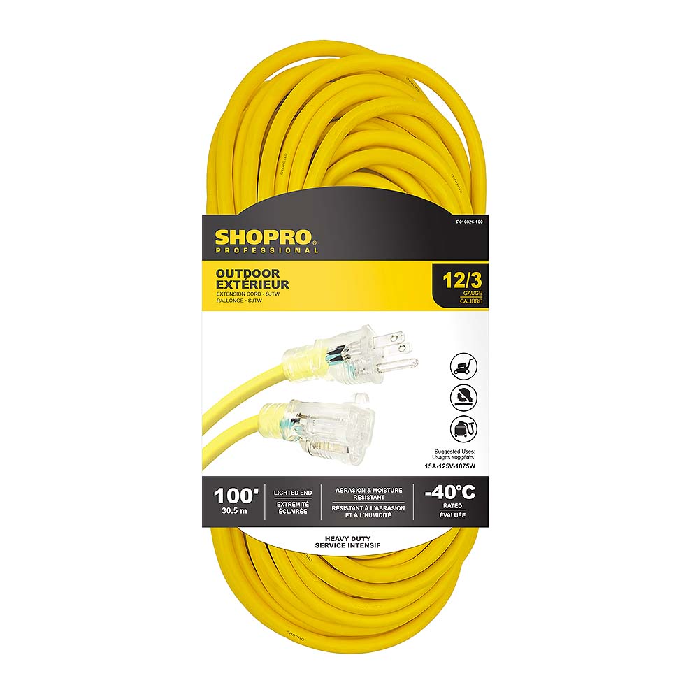 SHOPRO 100' 12/3 SJTW Outdoor Extension Cord with Indicator Light - Yellow