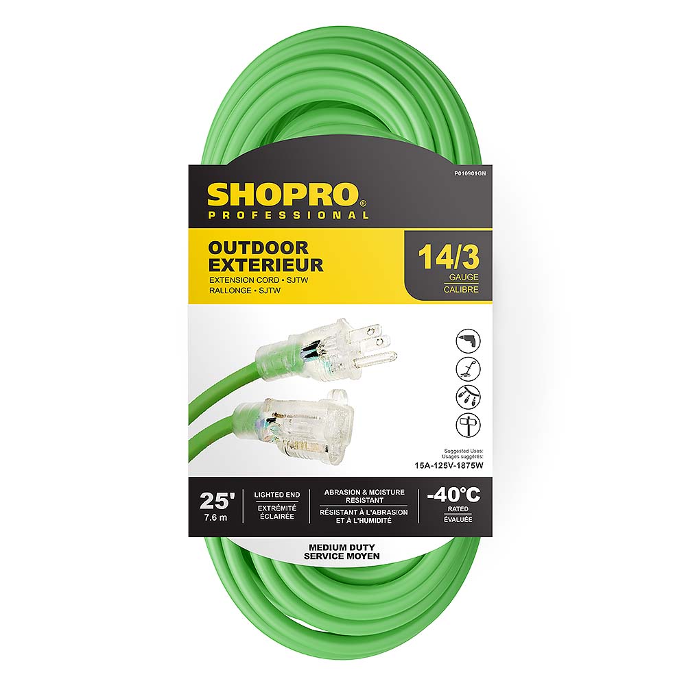 SHOPRO 25' 14/3 SJTW Outdoor Extension Cord with Hi-Vis Indicator Light - Green