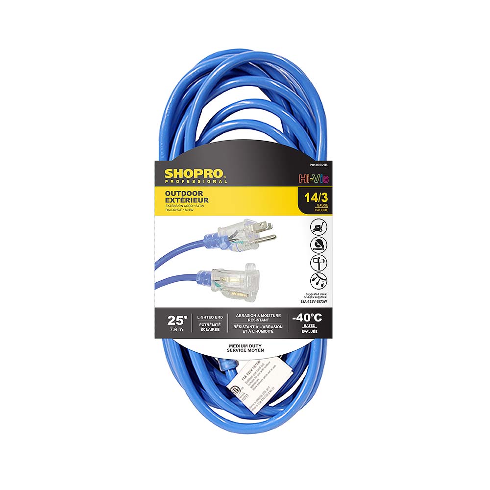 SHOPRO 25' 14/3 SJTW Outdoor Extension Cord with Hi-Vis Indicator Light - Blue