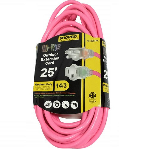 SHOPRO 25' 14/3 SJTW Outdoor Extension Cord with Hi-Vis Indicator Light - Pink