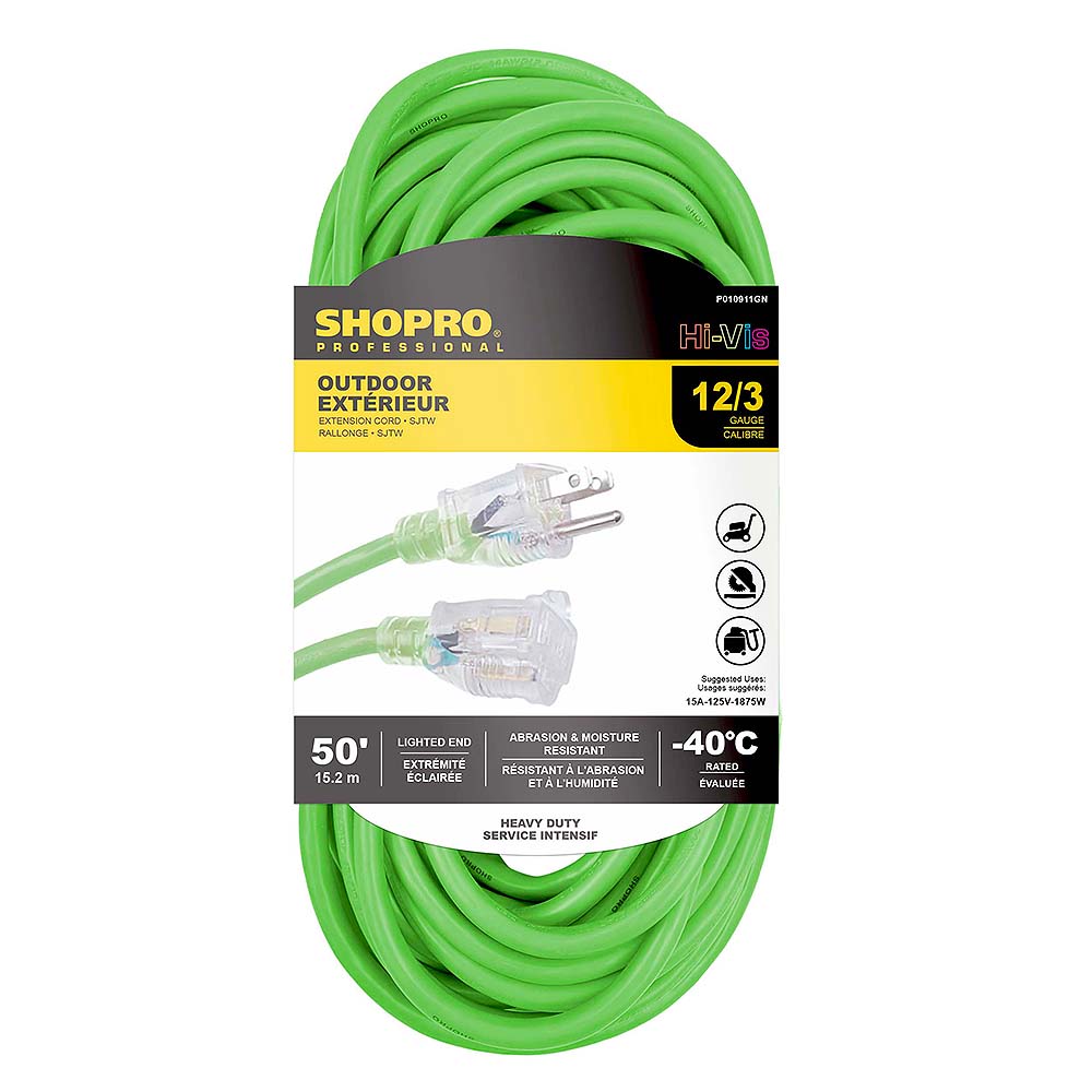 SHOPRO 50' 12/3 SJTW Outdoor Extension Cord with Hi-Vis Indicator Light - Green