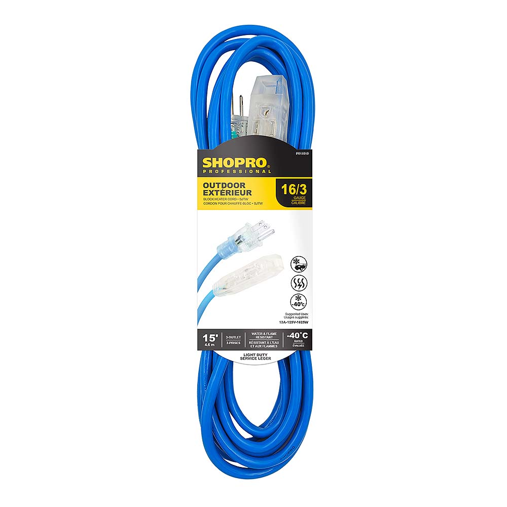 SHOPRO 15' 16/3 SJTW 3-Outlet Block Heater with Indicator Light - Blue
