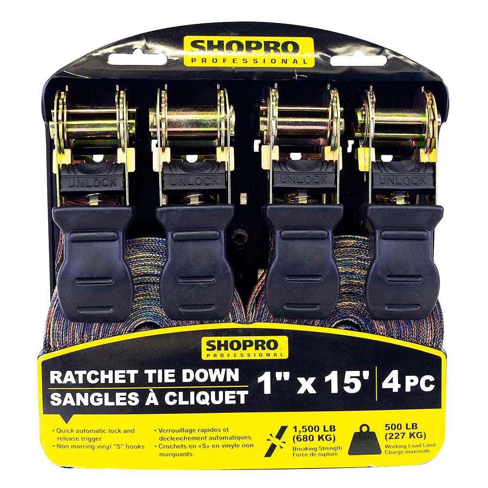 SHOPRO 1in x 15' Ratchet Tie Downs - 4pk