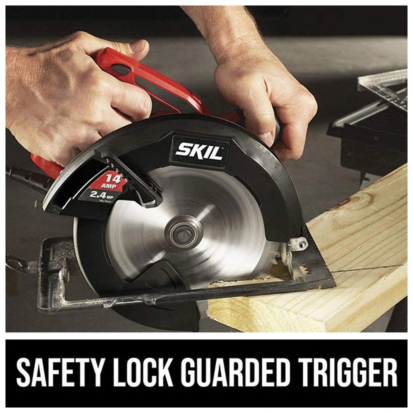 SKIL 5180-01 safety lock guarded trigger feature graphic in English