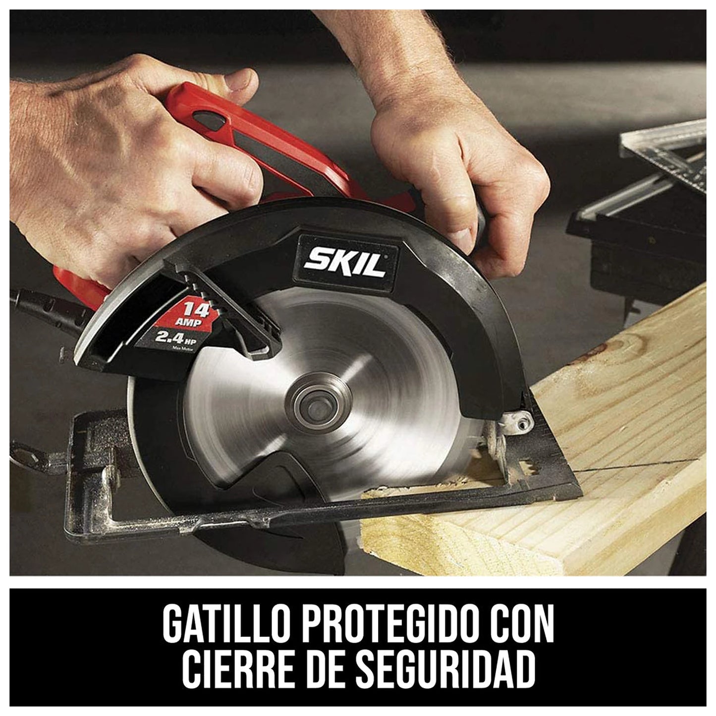 SKIL 5180-01 safety lock guarded trigger feature graphic in Spanish
