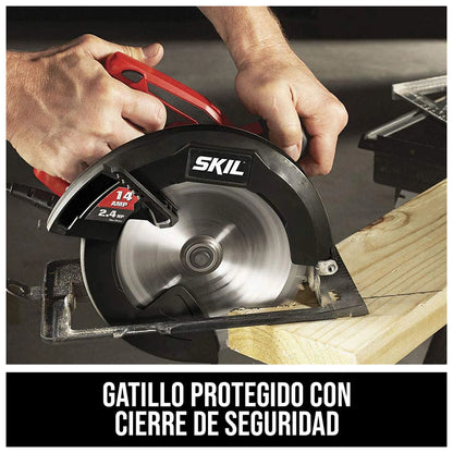 SKIL 5180-01 safety lock guarded trigger feature graphic in Spanish
