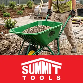 A green wheelbarrow filled with gravel being pushed by a worker in a construction setting, with a large red Summit Tools logo banner across the bottom