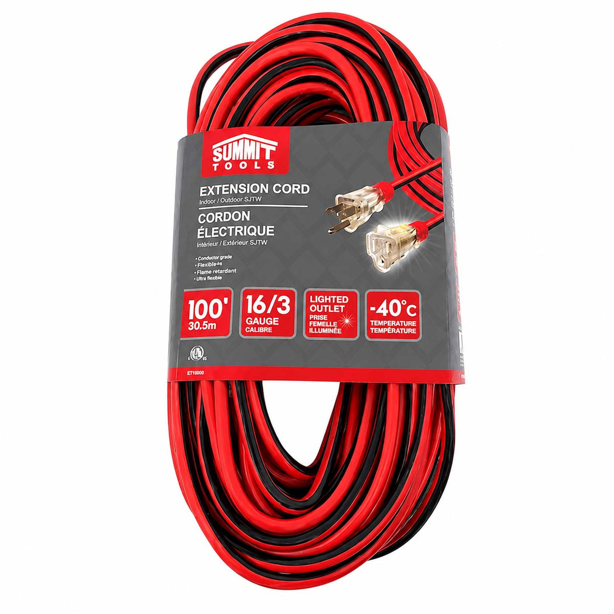 A coiled red and black extension cord with a gray Summit Tools paper label, photographed on a plain white background.