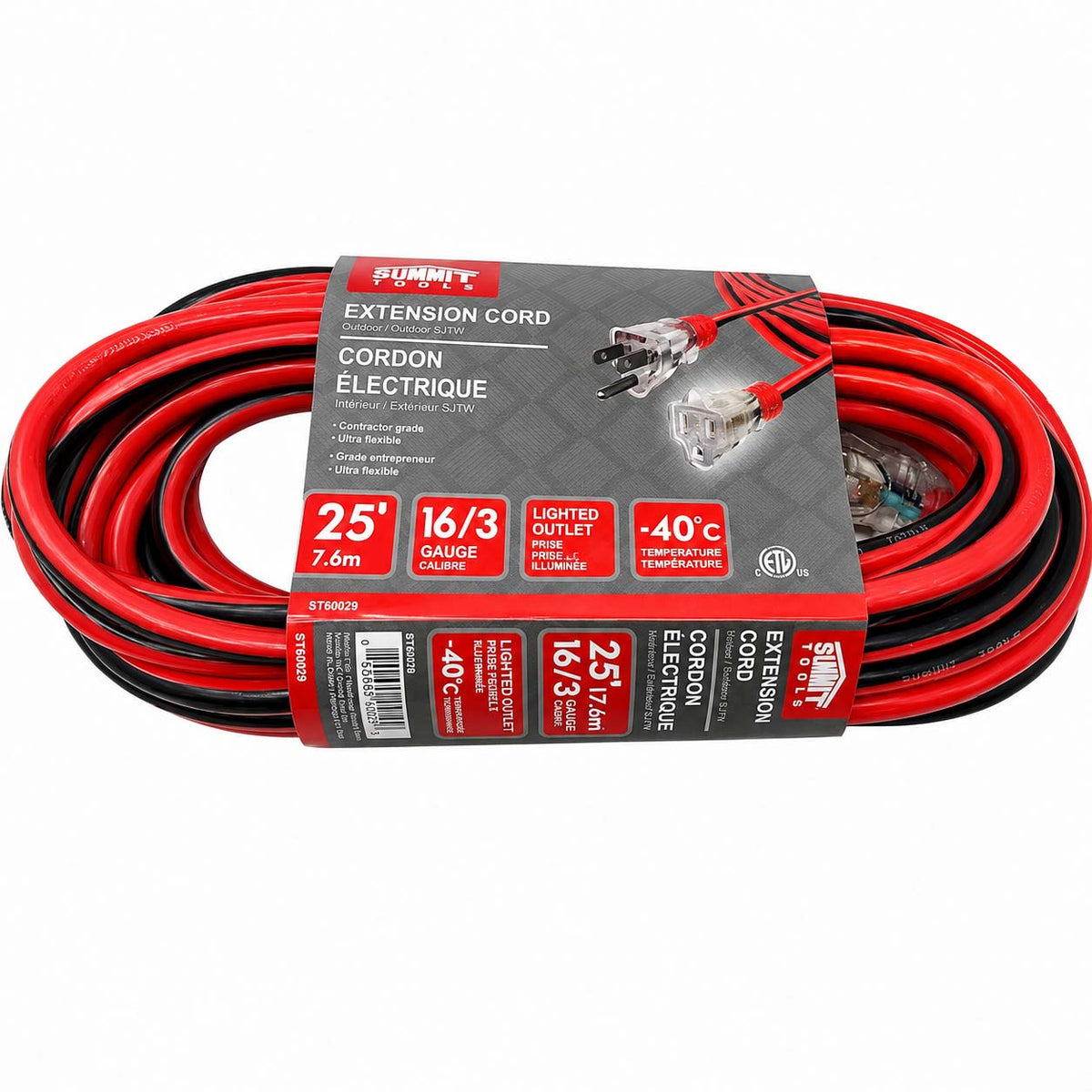 A coiled red and black extension cord with a retail cardboard label, photographed on a plain white background. The label reads Plumt and indicates 25 feet, 16/3 gauge, lighted outlet, and -40C temperature rating.
