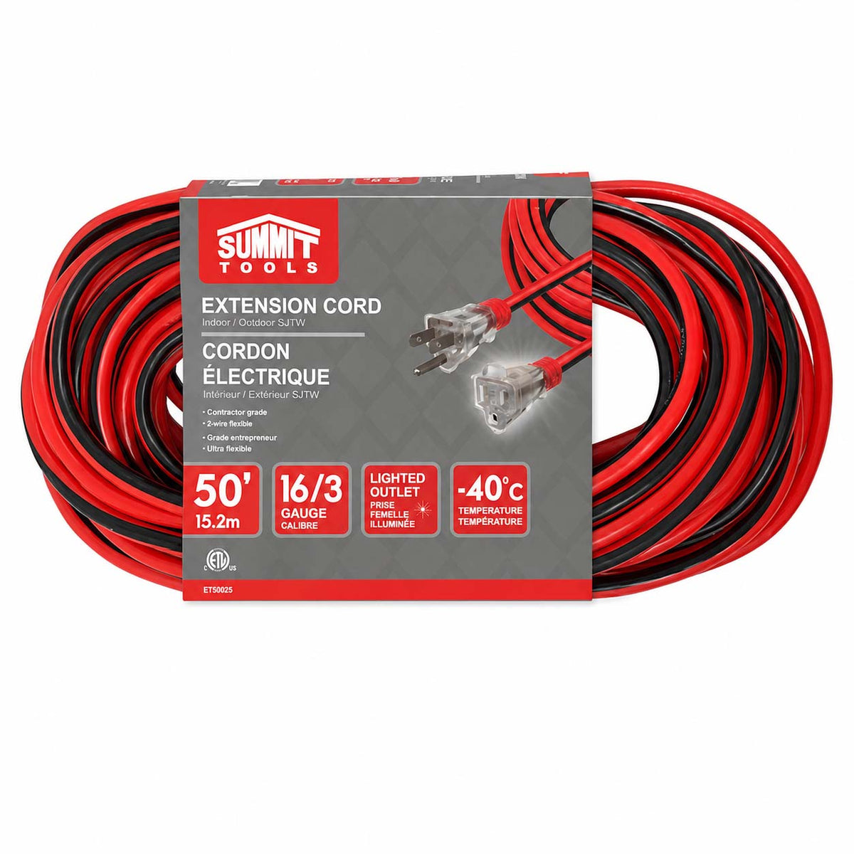 Summit Tools 50-foot extension cord, 16/3 gauge, with a built-in lighted outlet, shown coiled and packaged with its retail cardboard box on a white background.