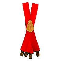 Red suspenders with a gold buckle on a white background
