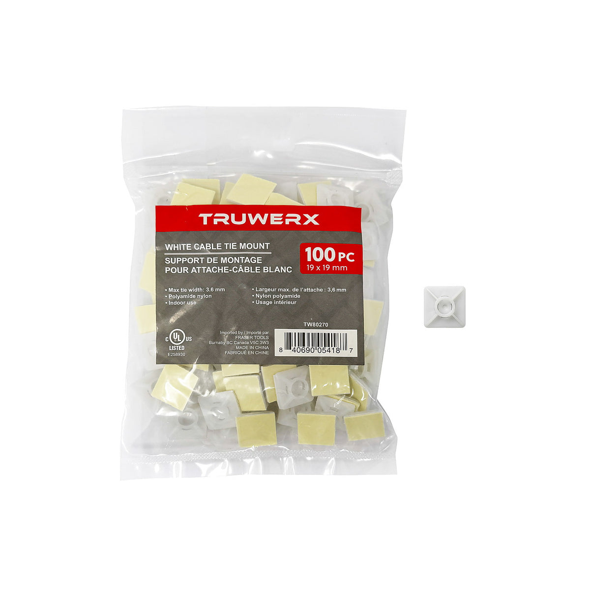 Truwerx 100pc 19 x 19mm White Cable Tie Mounts - product image