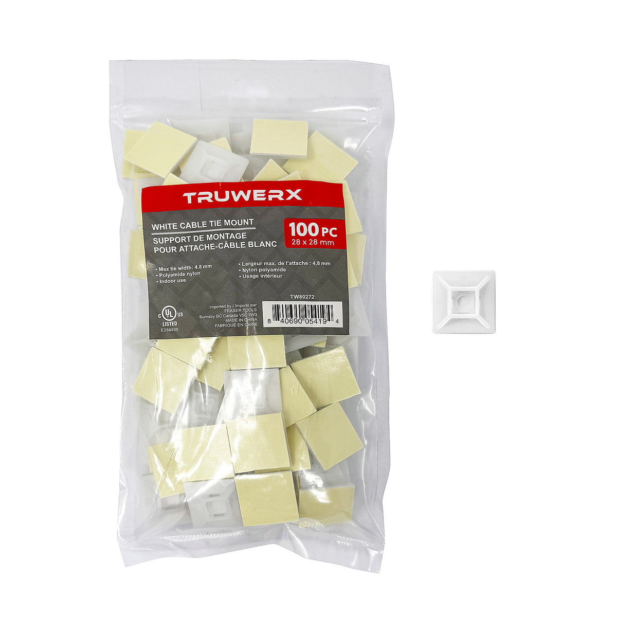 Truwerx 100pc 28 x 28mm White Cable Tie Mounts - product image