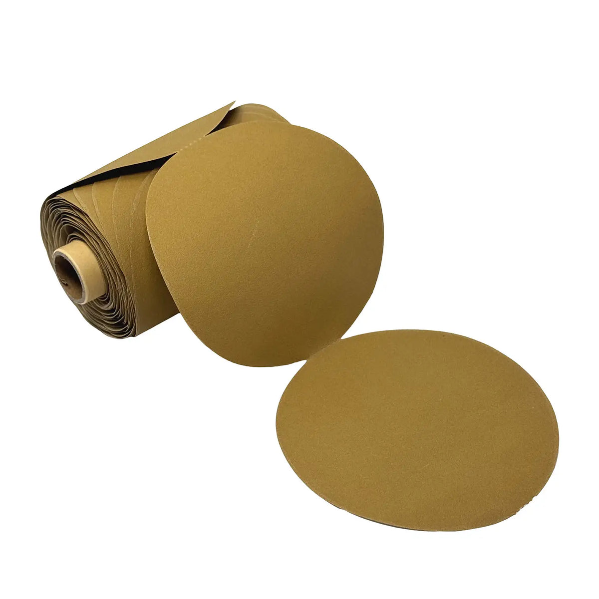 A roll of circular sanding discs or abrasives partially unrolled, with two flat round discs shown in front on a plain white background.