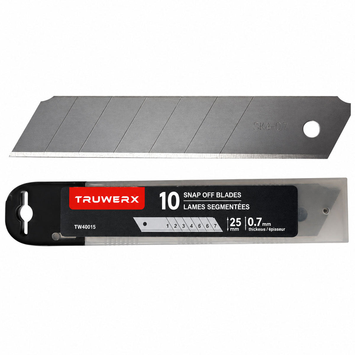 A pack of 10 Truwear 25/0.7 inch snap-off blade scimitars, shown with the retail packaging on the left and the individual metal blade on the right, against a plain white background.