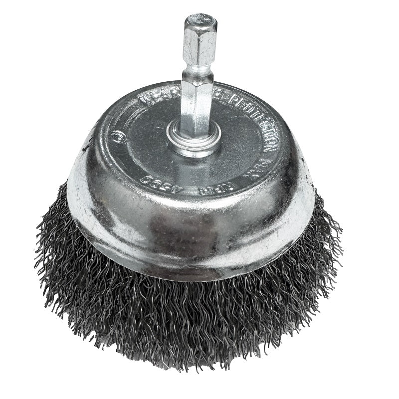 A metal wire brush attachment with a hex shank and a silver-toned metal cup base, shown on a plain white background.