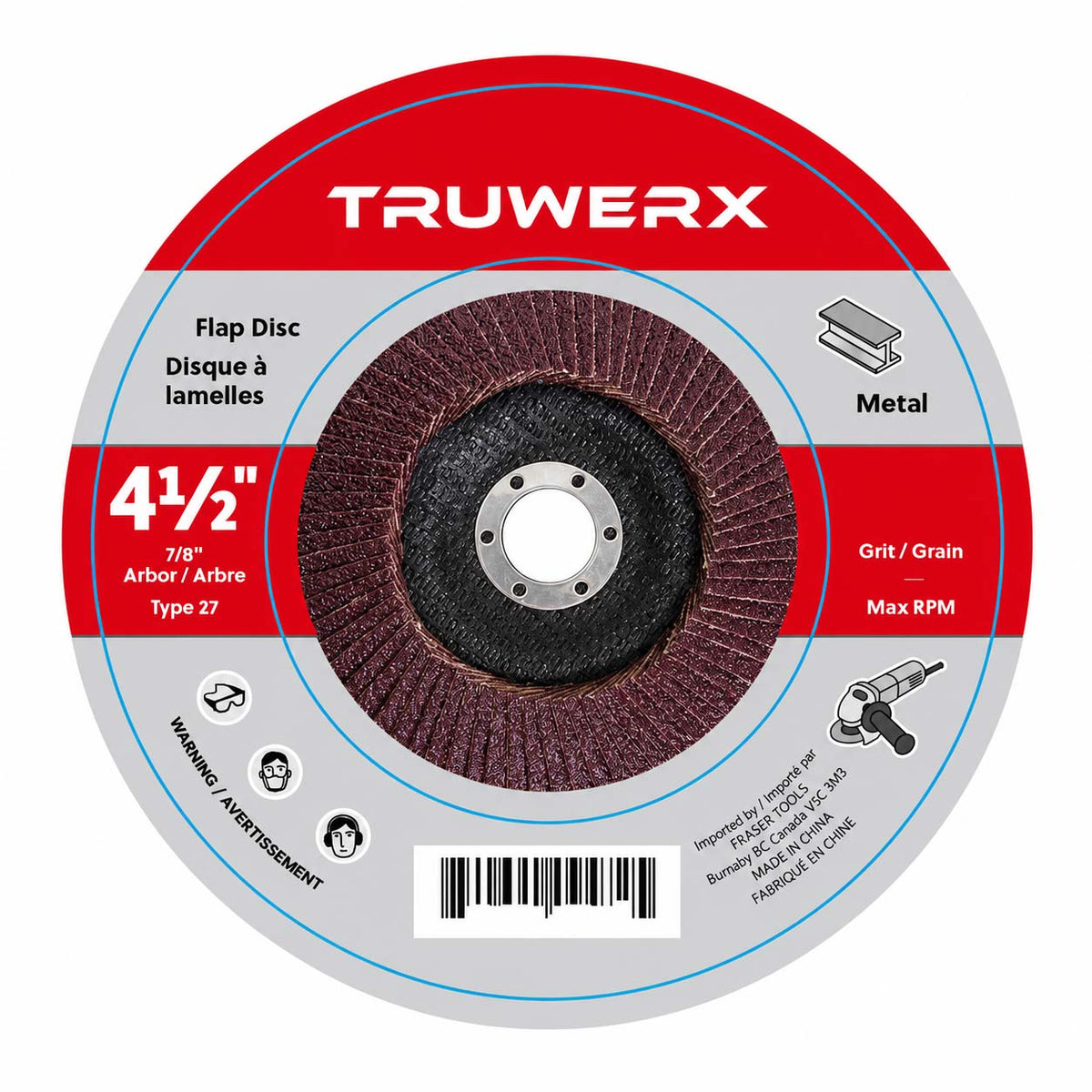 A Truwerx 4 1/2 inch flap disc grinding wheel, Type 27, shown on its retail packaging label. The product features a dark brown abrasive flap pattern in the center, surrounded by a black core, all set against a red, white, and gray circular label with product specifications and safety icons.