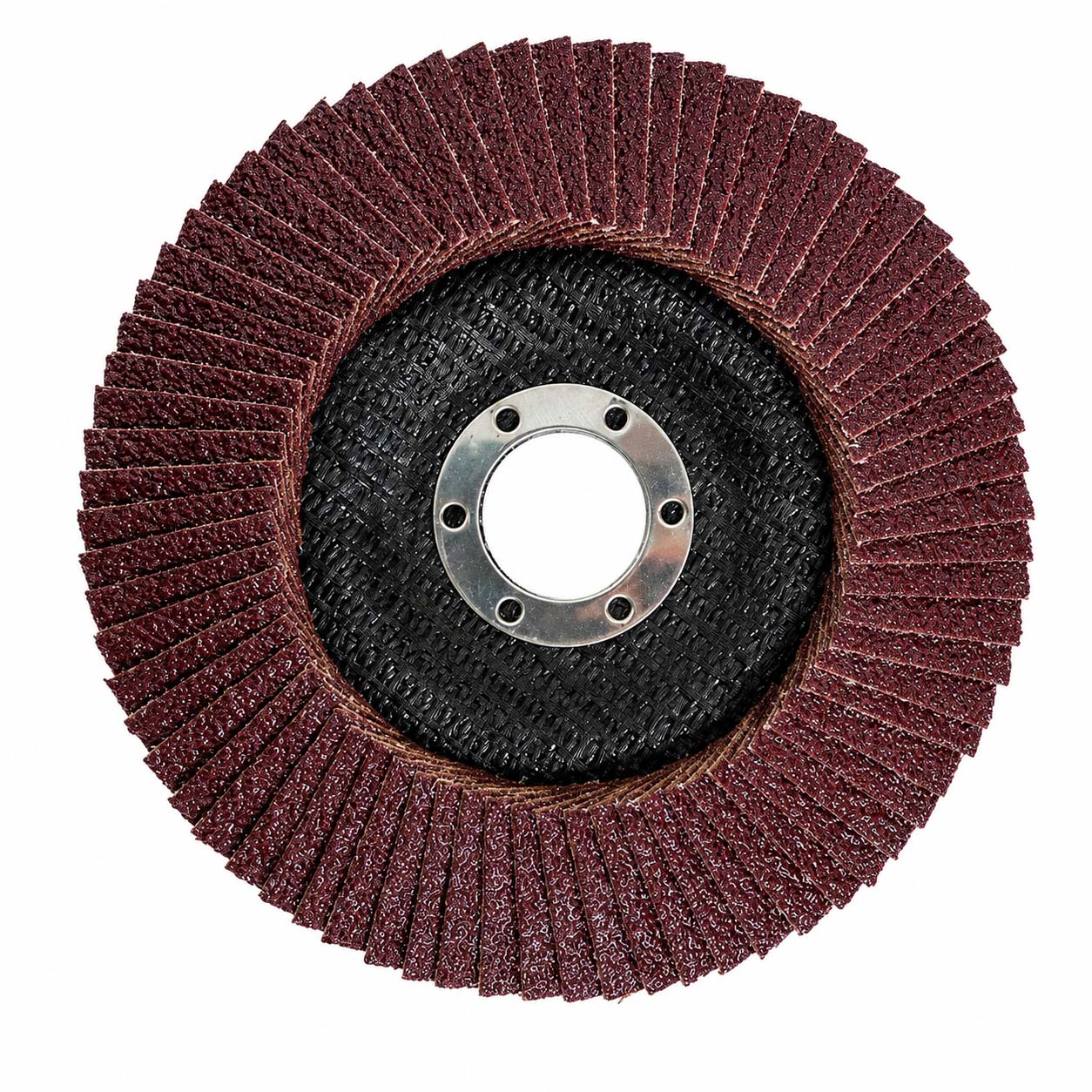 A circular abrasive flap disc or sanding wheel with dark reddish-brown abrasive flaps, a black textured center, and a silver metal flange with mounting holes, isolated on a white background.