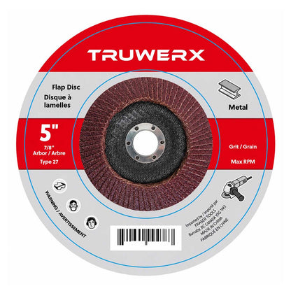 A Truwerx 5-inch flap disc blade for metal cutting, shown with its retail packaging label. The label features a red and gray design with white text detailing the product specifications.