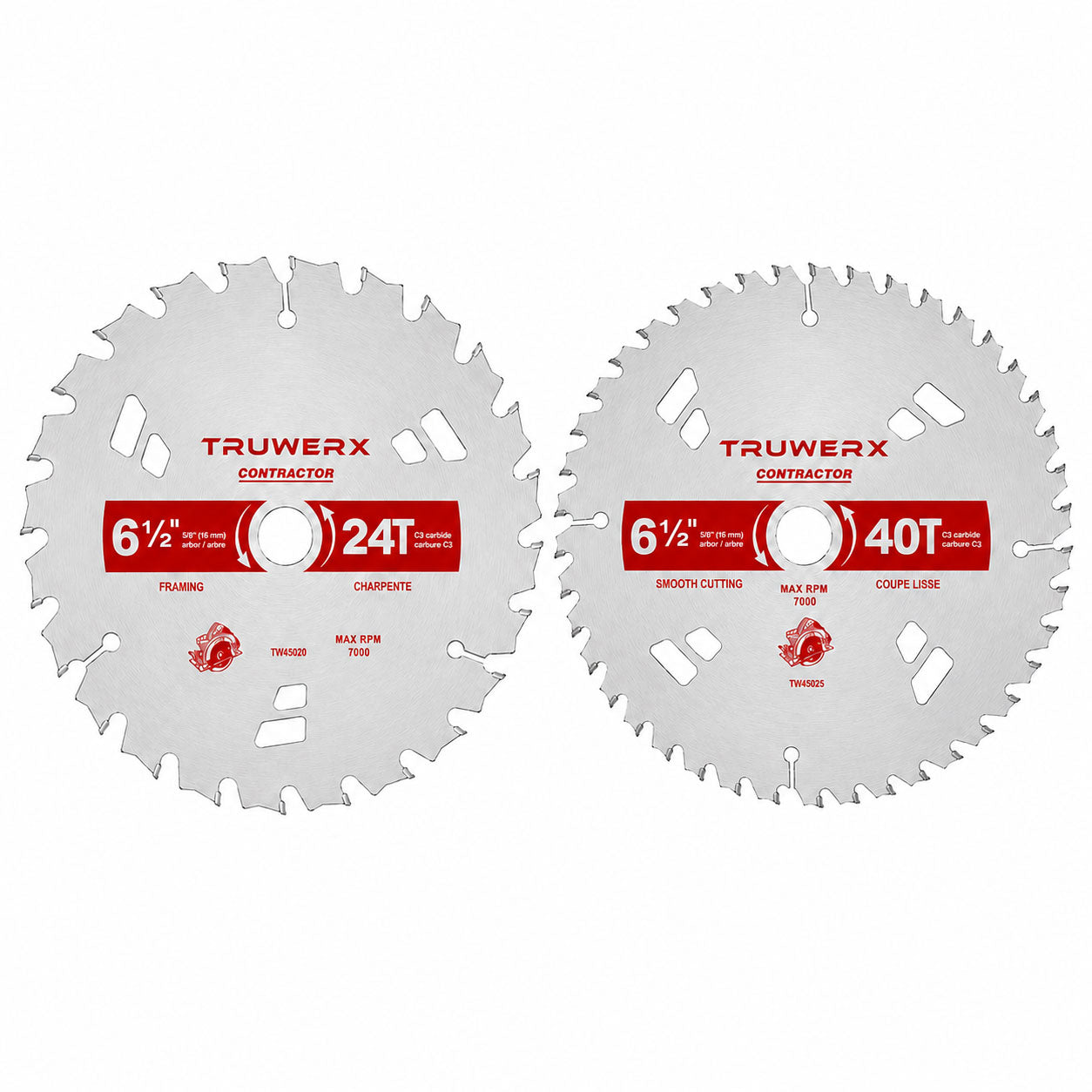 Two TruWerx Contractor circular saw blades, one labeled 24T and the other 40T, shown side by side on a plain white background.