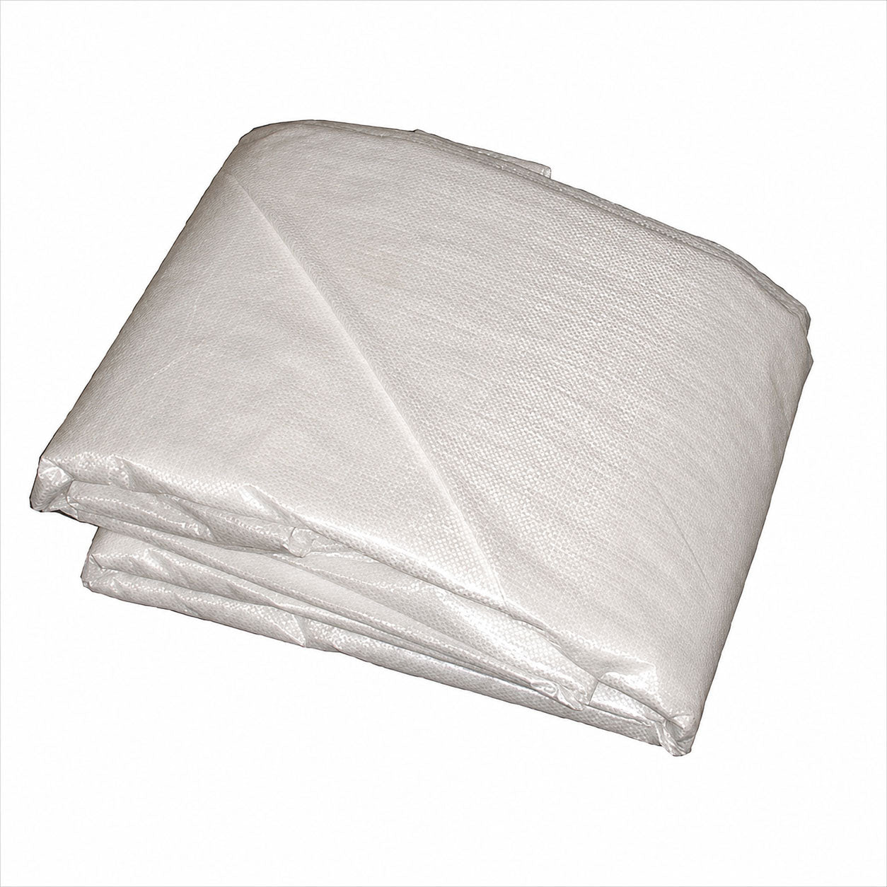 A folded white woven plastic or polypropylene tarp sheet, shown on a plain white background.