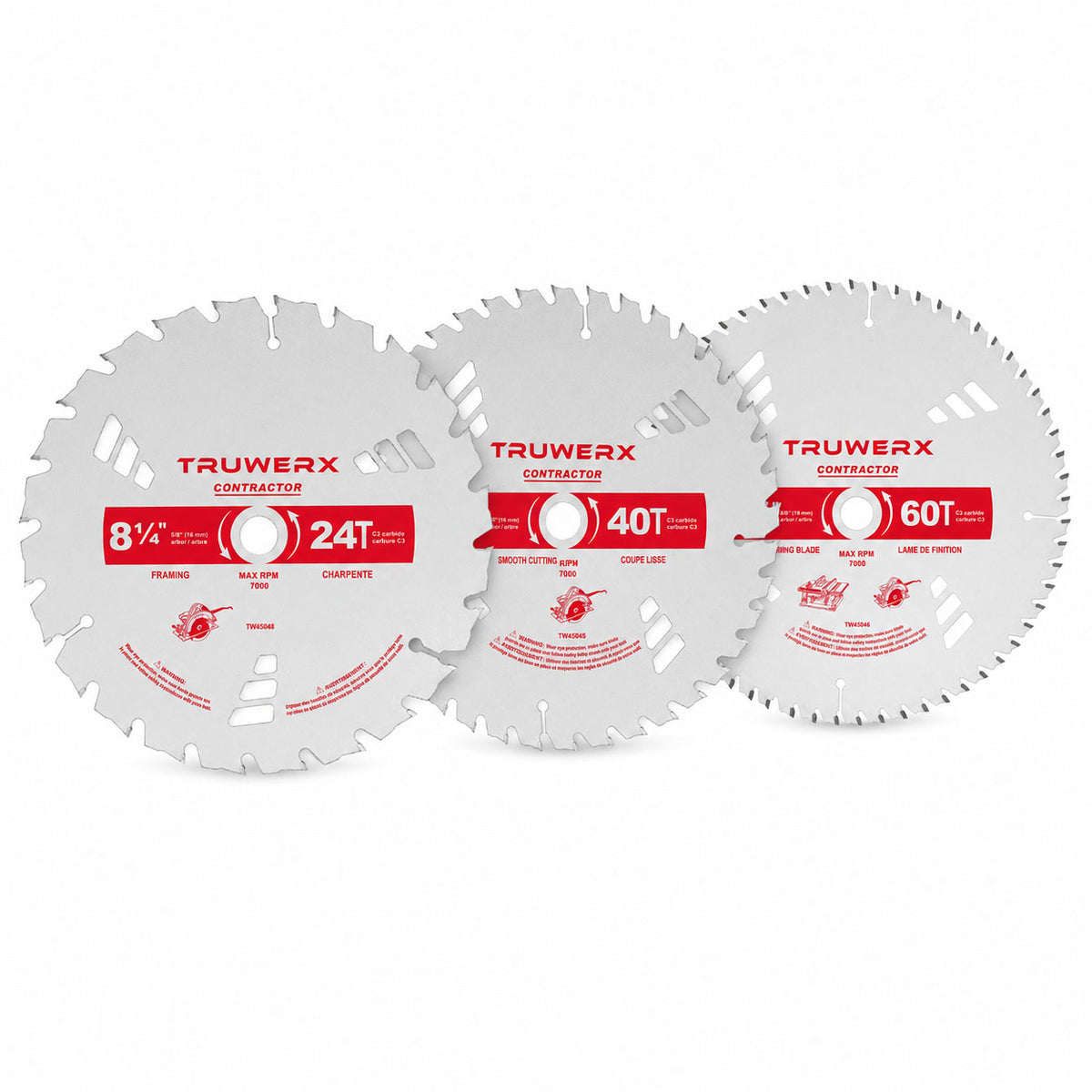 Three Truwerx contractor circular saw blades in silver with red and black printed details, displayed overlapping on a white background.