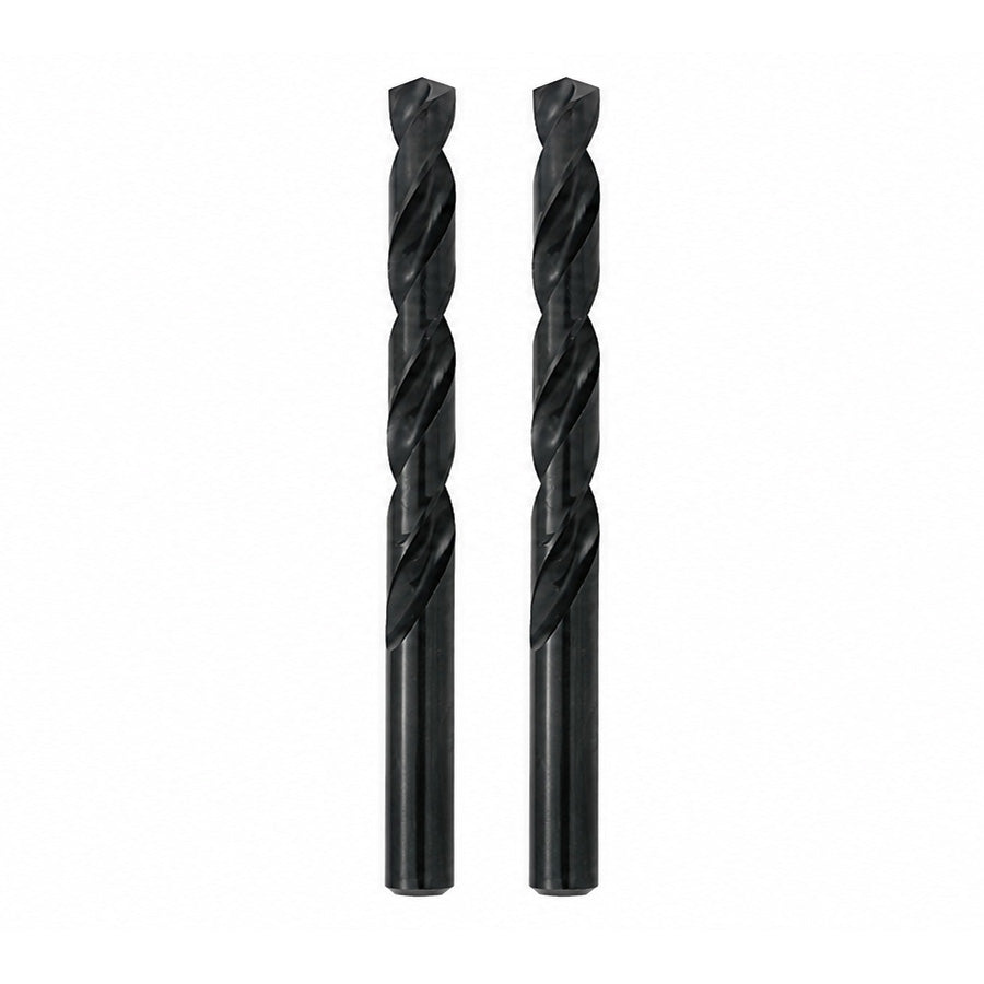 Two black twist drill bits standing vertically side by side on a plain white background.