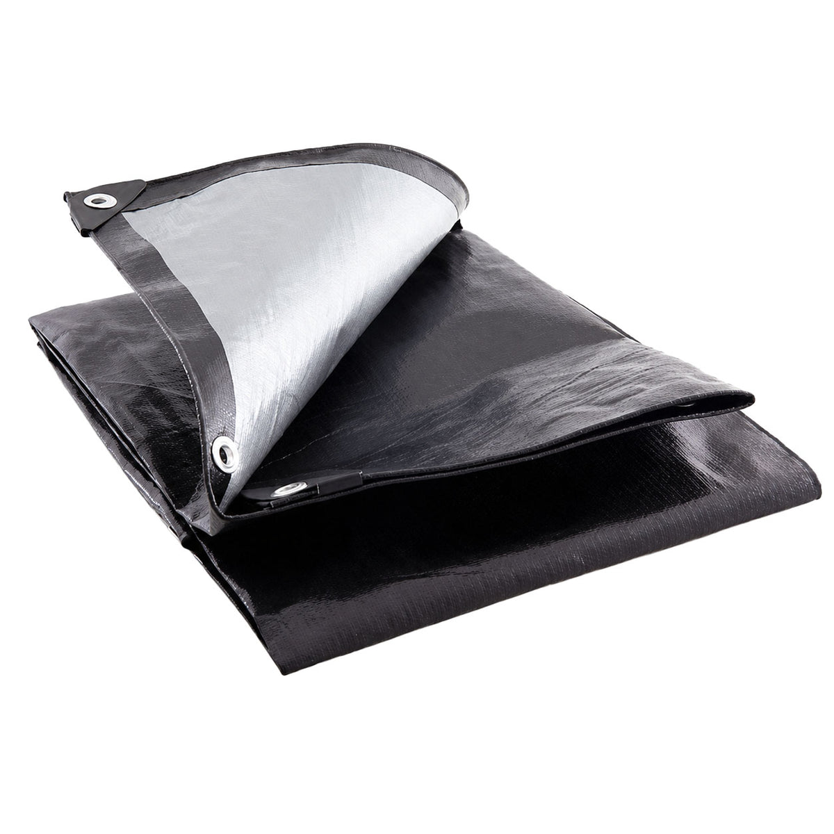 Black tarp with reflective silver side on a white background