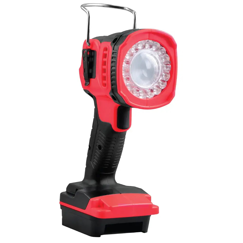 A cordless LED work light with a red and black body, featuring a metal hanging loop on top and a matching red-and-black battery base, shown on a plain white background.