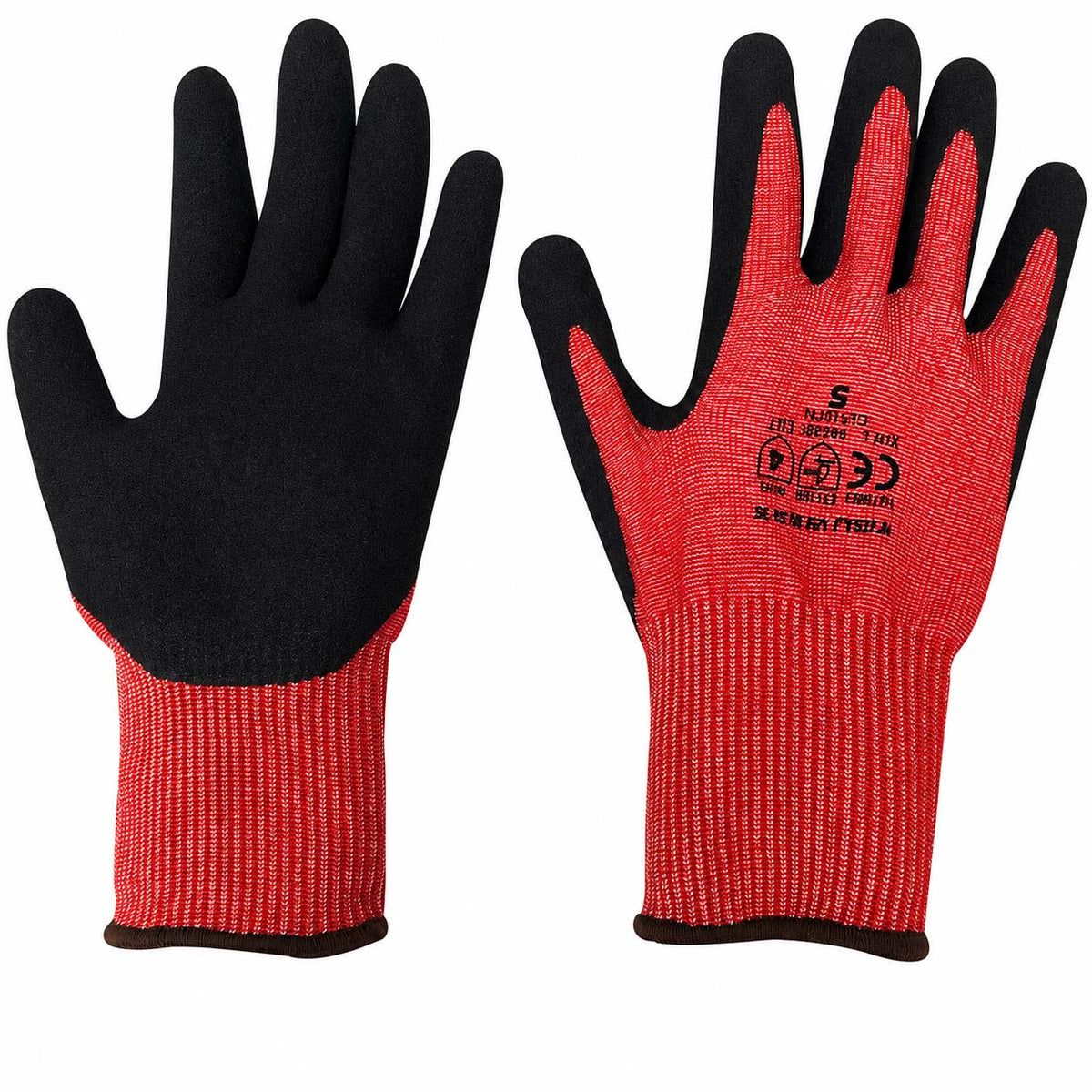 A pair of red and black work gloves shown against a plain white background, with one glove displaying the black-painted back and the other showing the red-painted palm side with printed specifications.