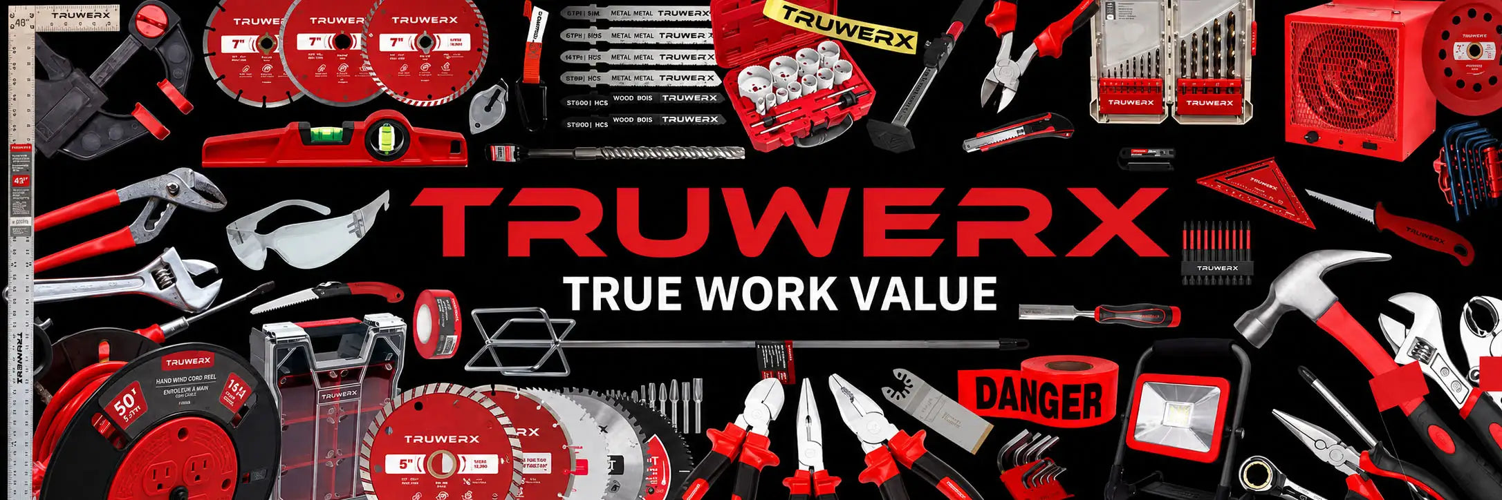 Collection of tools and equipment with Truwerx branding on a black background