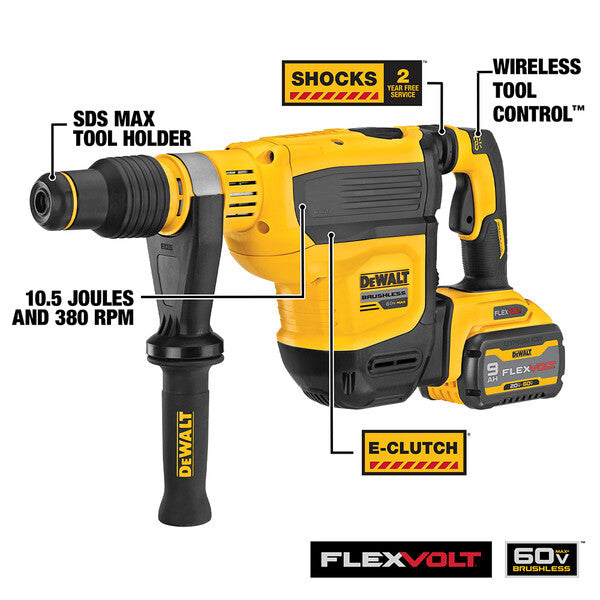 DeWalt DCH614X2 60V MAX Cordless Brushless SDS MAX 1-3/4 inch Combination Rotary Hammer Kit showing features of the hammer drill